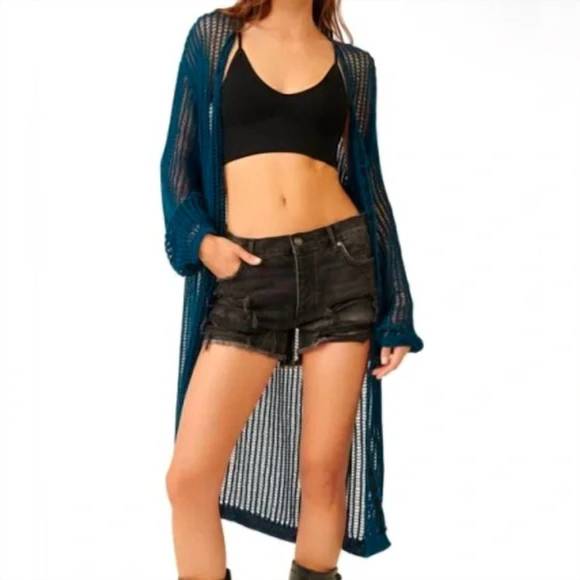 NEW FREE PEOPLE lattice open knit cardigan in blue